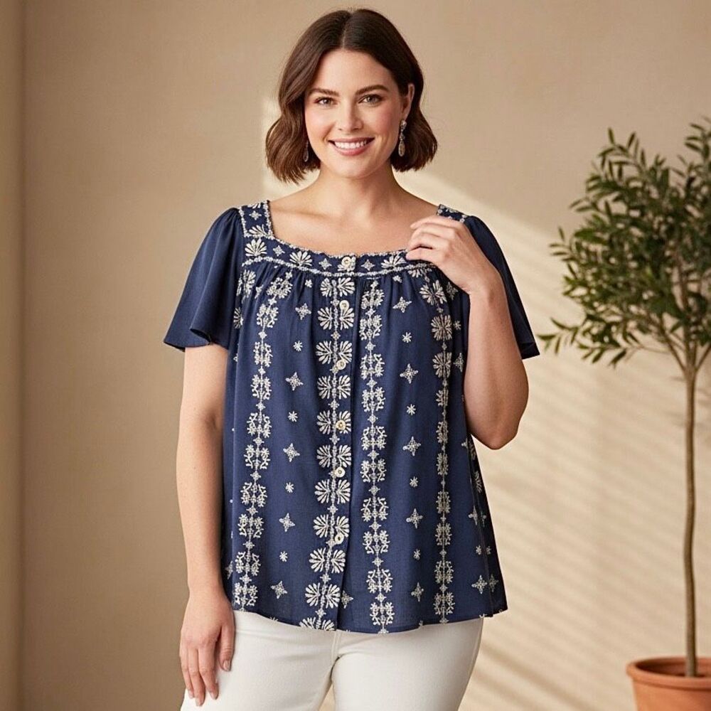 Torrid Navy Blue Linen Embroidered Swing Top Sz 2X